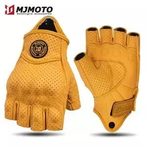 MJMOTO 빈티지 가죽 오토바이 장갑 터치스크린 오프로드 라이딩 단단한 쉘 보호 통기성