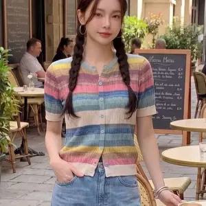 유어하젤 레인보우컬러 단가라 비스코스 반팔 니트 가디건_M4872