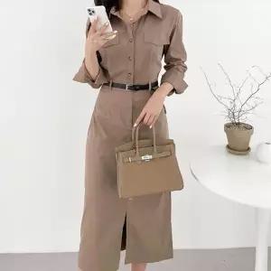 [하프클럽/셀럽하우스]하객룩 돌잔치 밑단트임 셔츠 벨트포함 롱원피스