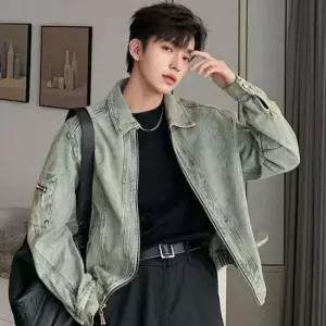 남자트위드반팔자켓 남성 연청 오버핏 빈티지룩 지퍼 점퍼 스트링 청자켓