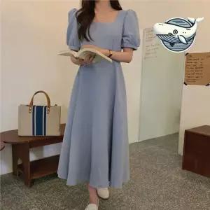 여성 여름 퍼프소매 네크라인 A라인 롱원피스 여름원피스 반팔원피스 홈원피스