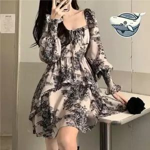 가을 프릴 원피스 긴팔 리본 언발란스 패턴 7부원피스 플라워원피스 프릴원피스
