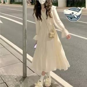 여성용 프릴 긴팔 롱드레스 우아한 브이넥 집업원피스 캉캉원피스 해외여행원피스