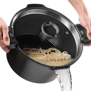 스트레이너 뚜껑이 있는 8.5QT 파스타 냄비 주조 알루미늄 스톡팟 멀티포트 논스틱 세라믹 코팅으로 강화 유리 뚜껑 식기세척기 안전 인덕션 블랙(블랙 8.5쿼트)으로 쉽게 청소할 수 있습니다