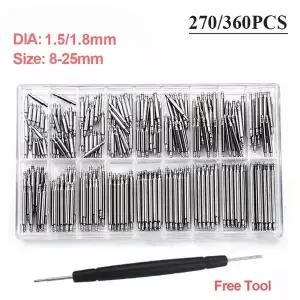 360pcs 270pcs 8mm-25mm 스테인레스 스틸 시계 스프링 바 스트랩 핀 1.5mm 1.8mm 직경 밴드 링크 수리 도구