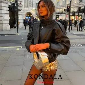 KONDALA 캐주얼 시크 블랙 가죽 재킷 여성용 긴 소매 버튼 탄력 있는 오버사이즈 코트 패션 2026 봄