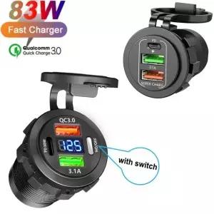 새로운 83W PD QC 3.0 USB 차량용 충전기 볼트미터 및 스위치 소켓 전원 어댑터 12V/24V 보트용 방수