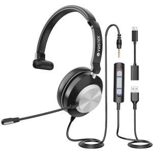 VOISTEK PC용 마이크가 있는 USB 헤드셋, 헤드폰, 볼륨 워크 노이즈 콜 사무실 컨트롤, 음소거, 작업 유선 스카이프 컴퓨터 줌 마이크, 캔슬링 홈 헤드셋(원 미팅용 팀 센터 이어)