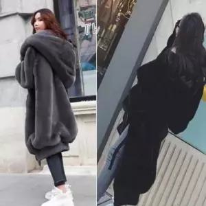 인조퍼코트롱 여성 캐주얼 후드 코트 공항 데일리 패션 인조 모피
