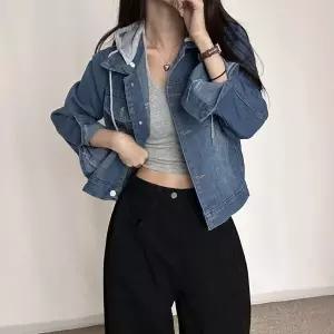 [하프클럽/셀럽하우스]여성 2컬러 기본 봄 가을 데님자켓 후드탈부착 청자켓