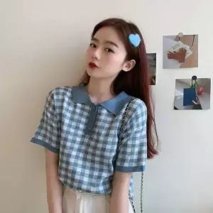 [하프클럽/셀럽하우스]여성 넥카라 반크롭 여름 니트티셔츠 단추 니트반팔티