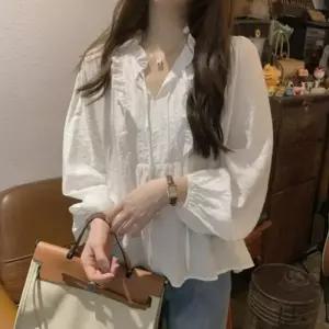 [옷자락]여자 봄 코디 스타일 리본 프릴 체형커버 블라우스