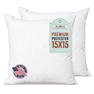 Pillowflex 프리미엄 폴리에스터 베개 삽입물 u2013 15x15 - 정사각형 형태, 세탁기 사용 가능, 부드러운 모조 지지대, 커버 및 던지기 장식 저자극성 미국산 2팩