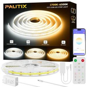 PAUTIX COB LED 스트립 조명 2700K-650K CCT 튜닝 가능한 흰색 24피트 UL 목록 도트리스 조명 APP/RF 리모컨이 있는 매우 밝은 조광 24V 테이프 캐비닛 침실 주방 아래