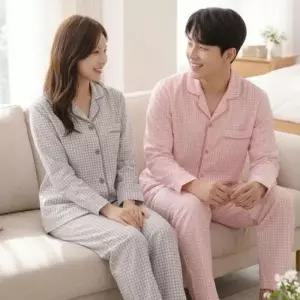[옷자락]여자 베이직 체크 카라 긴팔 면 혼방 파자마 세트