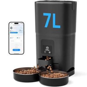 PAPIFEED 고양이 자동 급식기 2마리, 2.4G WiFi 고양이 사료 디스펜서, 앱 컨트롤 포함, 건조 사료용 7L 느린 급식기 시간 고양이 피더, 하루 10끼, 12인분 /식사, 이중 전원 공급 장치, 블랙