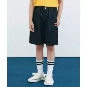 MUSINSA STANDARD KIDS 린넨 라이크 원 턱 와이드 밴딩 데님 쇼츠 [딥 인디고]
