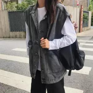[하프클럽/셀럽하우스]여성 블랙데님 루즈 오버핏 베스트 블랙진 조끼