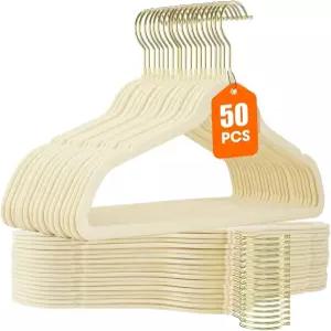 코 50팩 베이지 벨벳 행거 럼 헤비 듀티 슬림 공간 절약 펠트 표면 및 골드 360 스위벨 포함 바지 아웃핏