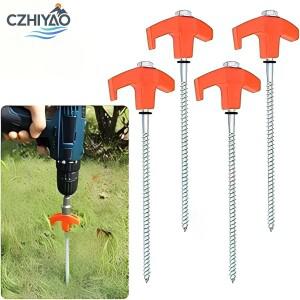 CZHIYAO 4개입 야외 텐트 못 20/25/30cm 스크류 앵커 말뚝 나사 지면 탄소강 육각형 플라스틱 헤드