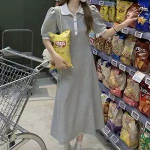 여성원피스 카라 배색 반팔 롱원피스 셔링 퍼프 소매 홈웨어룩