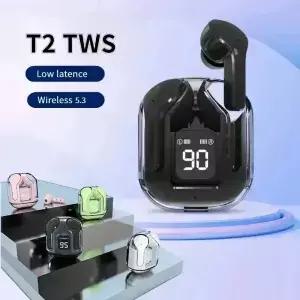 T2 Tws 무선 블루투스 헤드셋 모든 스마트폰용 투명 헤드폰 ENC 파워 디지털 디스플레이 스테레오 사운드