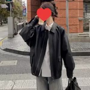 친절한탄씨 여성 가죽 집업 재킷 루즈핏 레더 점퍼 간절기 라이더 자켓 오버핏 아우터 레더점퍼 가을