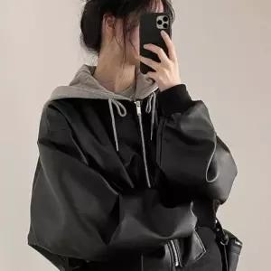 친절한탄씨 여성 크롭 루즈핏 후드 페이크 레더 항공점퍼 자켓 가죽 가죽자켓 레더자켓 오버핏 루즈핏