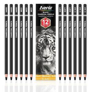 Aenir 드로잉용 목탄 연필, 12개 세트, 드로잉 연필 (S- 소프트, 미디엄, 하드), 아티스트, 스케치, 쉐이딩을 위한 미술 용품
