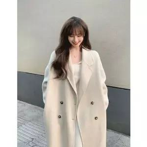 [하프클럽/셀럽하우스]여성 아이보리 롱 코트 루즈핏 오버핏 더블 버튼 카라 겨울 아우터(SS-162)