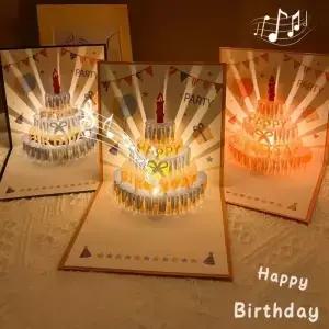 3D 뮤직 라이트 글로잉 카드와 봉투가 된 팝업 케이크 생일 축하 음악과 조명이 있는 접이식