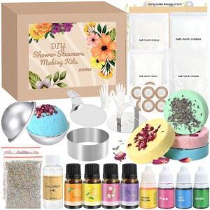 JUYRLE 목욕 폭탄 만들기 키트 - 알덜트용 49Pcs DIY 키트, 나만의 샤워 만들기, 프레스가 포함된 스파 공예 몰드, 및 용품 엄마 여성을 위한 선물