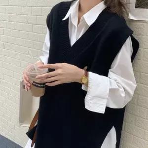 옆트임 루즈핏 레이어드 패션 니트 조끼 데일리룩캐주얼 무지 기본 봄조끼 언발 오버 브이넥 사이즈 여성가