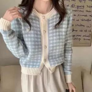 여자 3컬러 니트가디건 하운드체크 러블리 하트단추