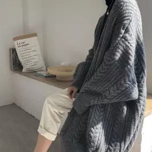 겨울 로브 가디건 여성 꽈배기 롱가디건 회색 롱니트