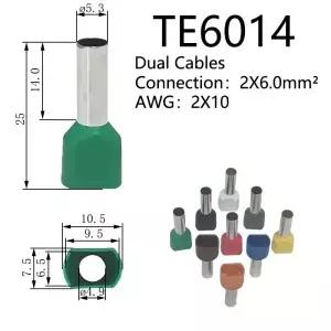 TE6014 전기 케이블 러그 AWG 2X 10 순수 구리 듀얼 와이어 절연 페룰 코드 엔드 프 터미널 2x6.0 mm2 1000