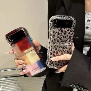 Z 플립 6 5 4 Flip3 웨이브 레오파드 프린트 주석 호일 반짝이 커버에 대한 레트로 다채로운 바둑판 그리드