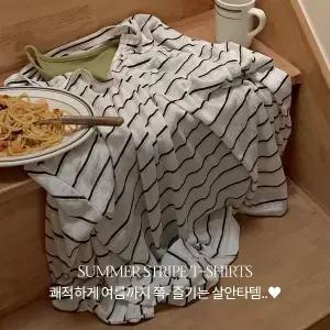 핫핑 [살안타템/여리핏] 디엘르 루즈핏 오픈카라 텐셀 스트라이프 긴팔티셔츠