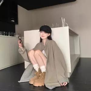 여자 가을 체크 외투 양면 루즈핏 긴팔 코트 트렌치 CH3