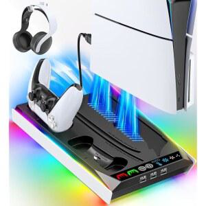 디스크 및 디지털 콘솔용 PS5 /Slim /Pro 스탠드, RGB 조명이 있는 PS5 냉각 및 충전 스테이션, PS5 컨트롤러 충전기 내장 3레벨 및 자동 조절 팬, PS5 /Slim /Pro 액세서리 3개의 USB 포트 제공