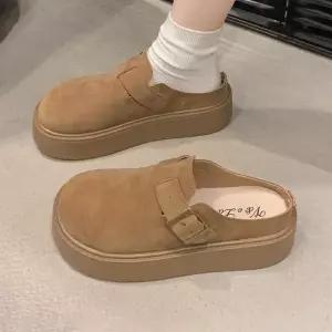 여성 스웨이드 버클 뮬 플랫폼 슬리퍼 뒤트인 두꺼운밑창 로퍼