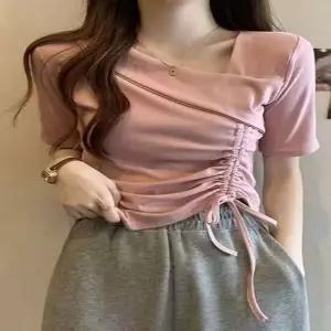 여성 3컬러 언발넥 쇄골라인 셔링 슬림 반팔티셔츠