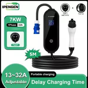 유모차 바퀴 교체 IPENGEN Type1 7KW 휴대용 EV 충전기 5M 케이블 EVSE 충전 CEE 플매트 카펫 러그 전기차