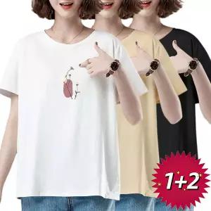 1+2 반팔티 반팔 블라우스 자수반팔티 코튼 핑크 데일리 캐주얼 여름 봄 루즈핏 소프트 통기성 베이직 스타