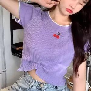 [하프클럽/]귀여운 골지 체리 반팔 크롭 니트티 니트 티셔츠
