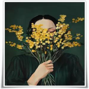 노란 꽃을 든 비가오이스 에메랄드 그린 추상 여성 캔버스 월 아트 - 벽 레트로 포스터 거실 욕실 침실