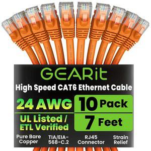 GEARit Cat 6 이더넷 케이블 (10팩 TV, 태블릿, 커넥터, 인터넷 RJ45, 프린터, 코드, - 서버, IT Cat6 데이터 네트워크 2.1m(7피트) 10Gbps, 패치, 오렌지 도금 스너그리스 금 라우터, PC, 센터용