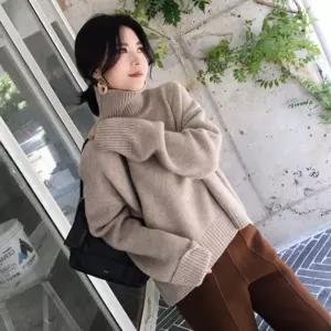 크리미 목폴라 니트터틀 니트티 여자 오버핏 루즈 오버 니트 터틀넥