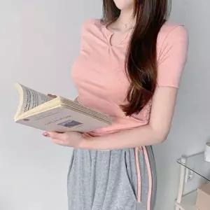 [골드스마일]슬림핏 셔링 티셔츠 여성 U넥 무지 스판 반팔티 GWM 예쁜티셔츠