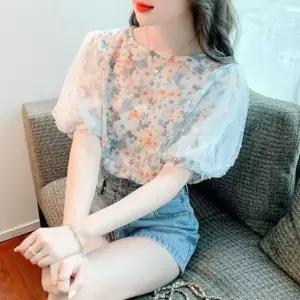 여성 여름 반팔 블라우스 꽃무늬 시폰 퍼프소매